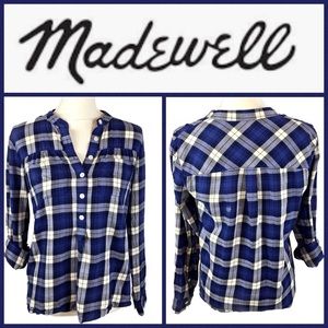 Madewell Blue Plaid Button Front Long Slv Top Sz S